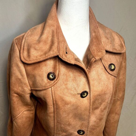 Montaco Faux Suede Button Up Collared Womens Jacket Designer Light Brown - Picture 4 of 10